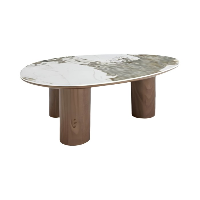 Table basse PTERAX 110 cm en céramique effet marbre blanc et pieds aspect bois – Forme organique