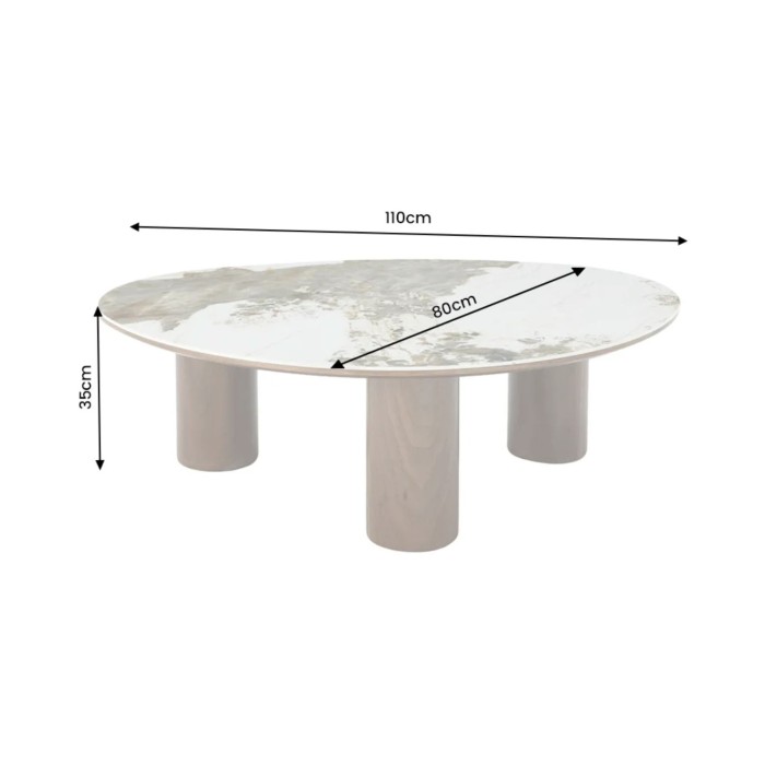 Table basse PTERAX 110 cm en céramique effet marbre blanc et pieds aspect bois – Forme organique