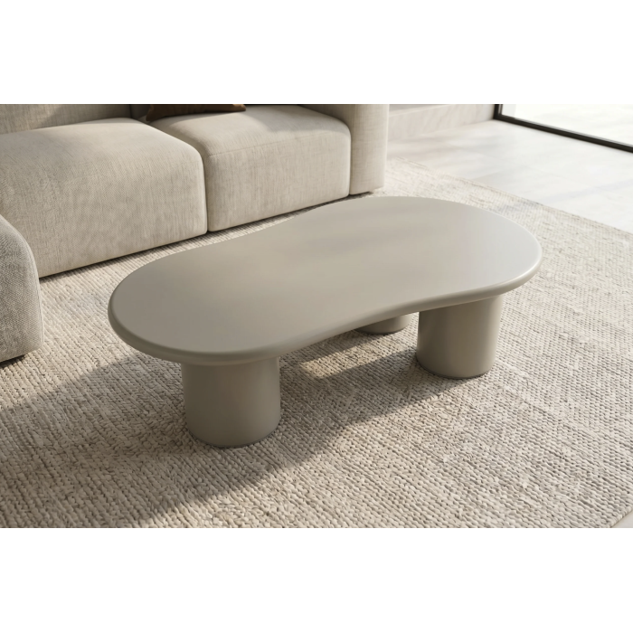 Table basse PTERAX 130 cm gris mat en MDF verni – Forme organique et plateau arrondi