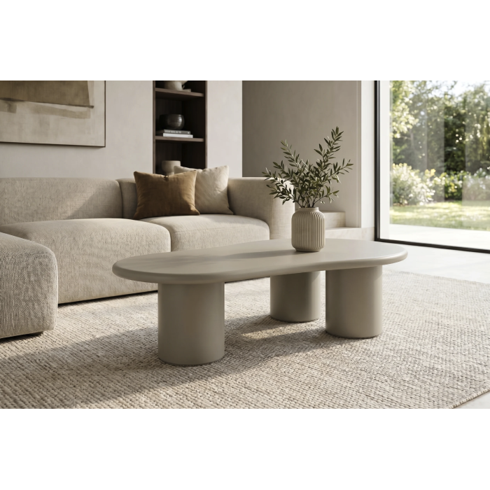 Table basse PTERAX 130 cm gris mat en MDF verni – Forme organique et plateau arrondi