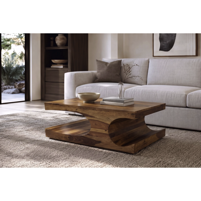 Table basse NOMA 105 cm en bois de Sheesham massif verni avec niches arrondies