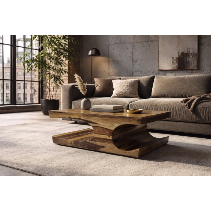 Table basse NOMA 105 cm en bois de Sheesham massif verni avec niches arrondies