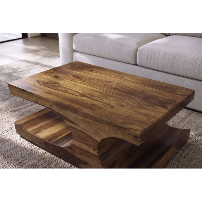 Table basse NOMA 105 cm en bois de Sheesham massif verni avec niches arrondies