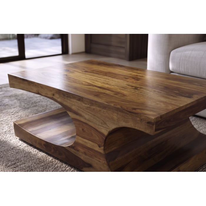 Table basse NOMA 105 cm en bois de Sheesham massif verni avec niches arrondies