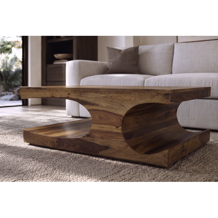 Table basse NOMA 105 cm en bois de Sheesham massif verni avec niches arrondies