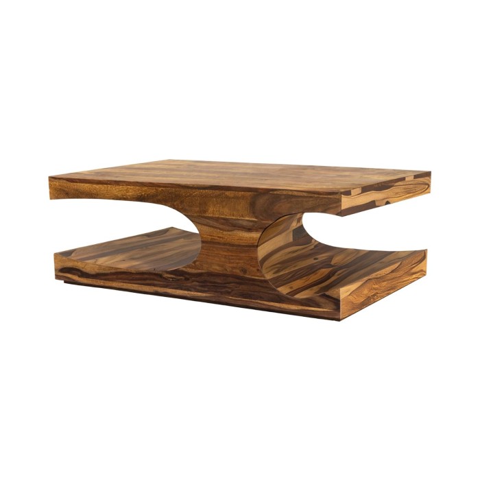 Table basse NOMA 105 cm en bois de Sheesham massif verni avec niches arrondies