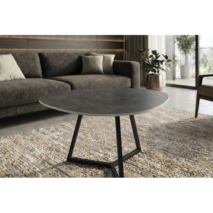 Table basse PETRANO 70 cm en céramique gris anthracite et métal noir – Forme organique
