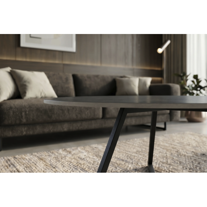 Table basse PETRANO 70 cm en céramique gris anthracite et métal noir – Forme organique