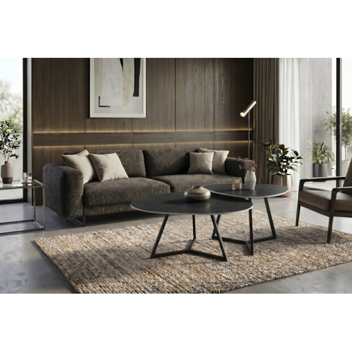 Table basse PETRANO 70 cm en céramique gris anthracite et métal noir – Forme organique