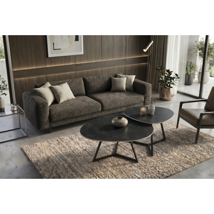 Table basse PETRANO 70 cm en céramique gris anthracite et métal noir – Forme organique