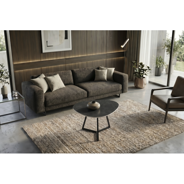 Table basse PETRANO 70 cm en céramique gris anthracite et métal noir – Forme organique