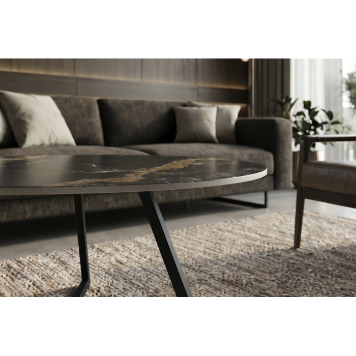 Table basse PETRANO 70 cm en céramique noire effet marbre sable et métal noir – Forme organique