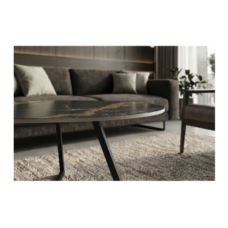 Zoom sur la tranche du plateau de la table basse PETRANO effet marbre noir et sable