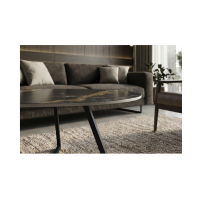 Table basse PETRANO 70 cm en céramique noire effet marbre sable et métal noir – Forme organique