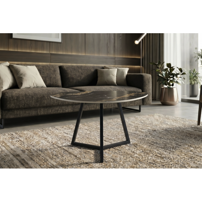 Table basse PETRANO 70 cm en céramique noire effet marbre sable et métal noir – Forme organique