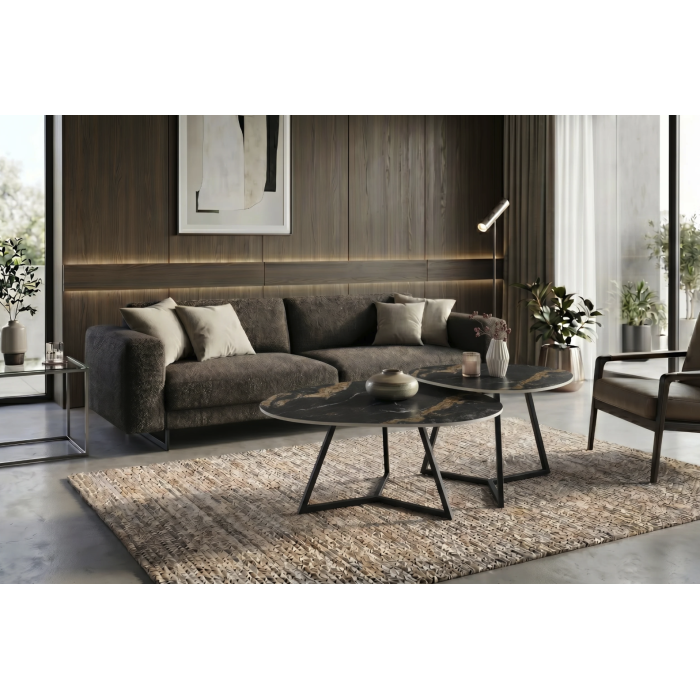 Table basse PETRANO 70 cm en céramique noire effet marbre sable et métal noir – Forme organique