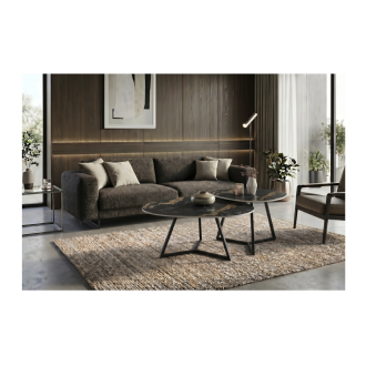 Table basse PETRANO effet marbre noir et sable vue avec une autre table basse de la même collection