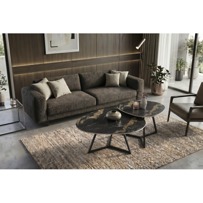 Table basse PETRANO 70 cm en céramique noire effet marbre sable et métal noir – Forme organique