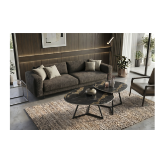 Table basse PETRANO effet marbre noir et sable vue avec une autre table basse de la même collection vue de haut