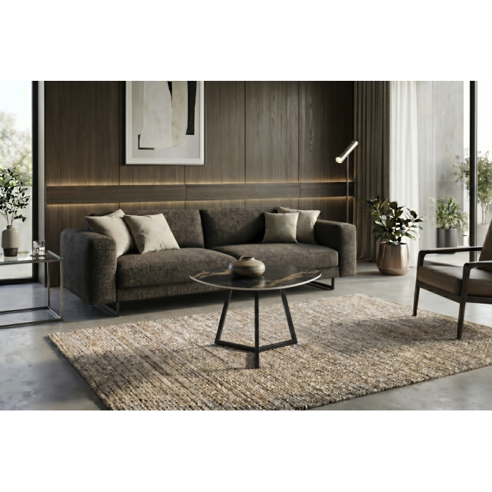 Table basse PETRANO 70 cm en céramique noire effet marbre sable et métal noir – Forme organique