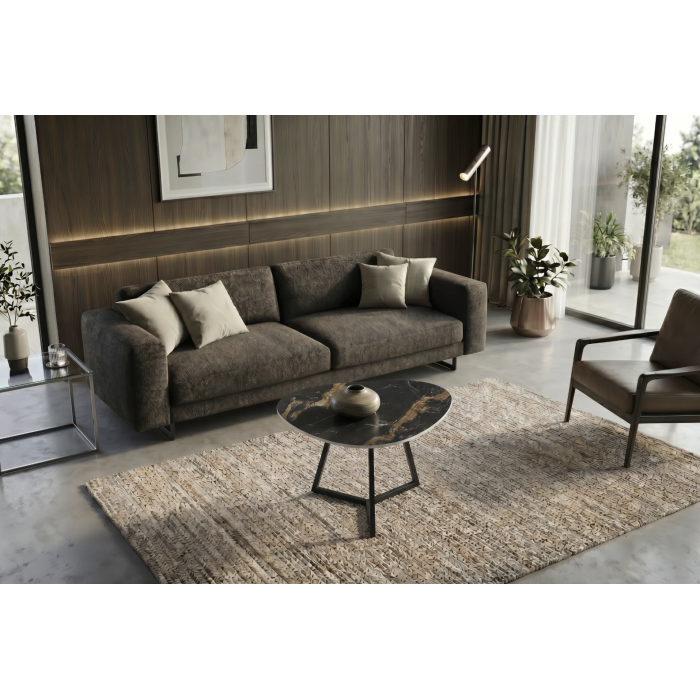 Table basse PETRANO 70 cm en céramique noire effet marbre sable et métal noir – Forme organique