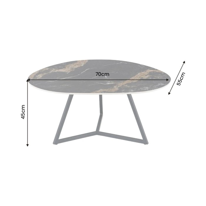 Table basse PETRANO 70 cm en céramique noire effet marbre sable et métal noir – Forme organique