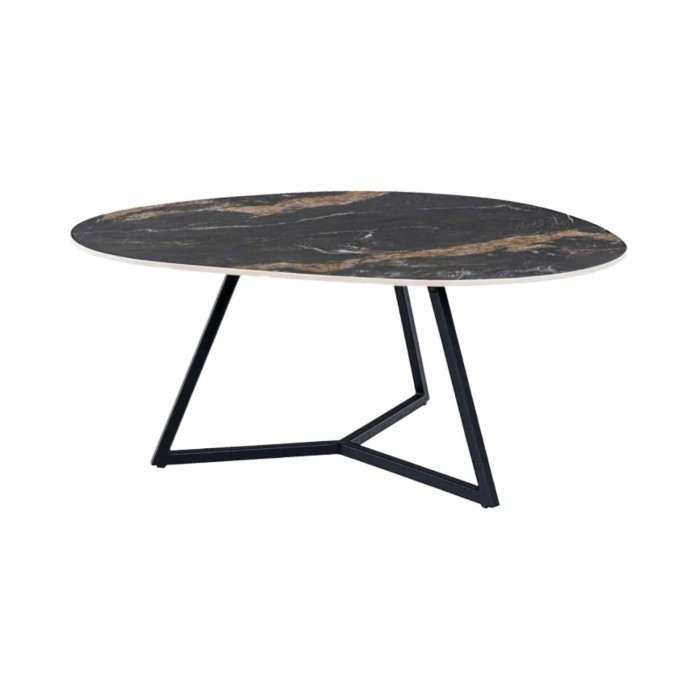Table basse PETRANO 70 cm en céramique noire effet marbre sable et métal noir – Forme organique