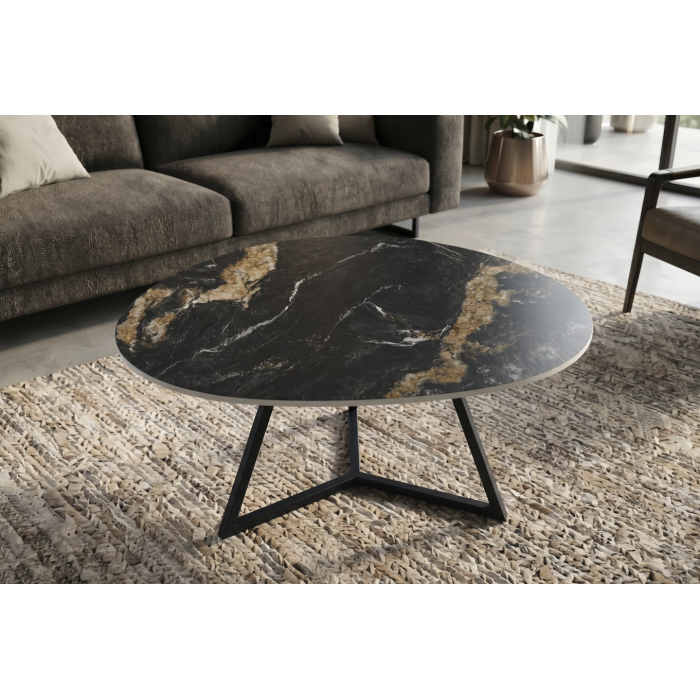 Table basse PETRANO 90cm effet marbre sable et noir vue de haut rapprochée