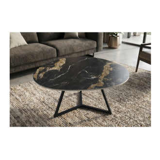 Table basse PETRANO 90cm effet marbre sable et noir vue de haut rapprochée