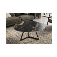 Table basse PETRANO 90cm effet marbre sable et noir vue de haut rapprochée