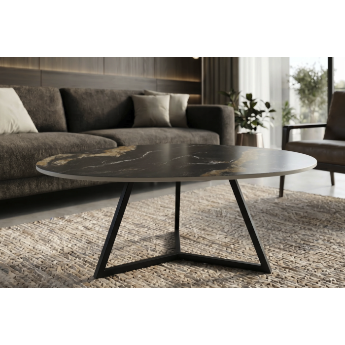 Table basse PETRANO 90cm effet marbre sable et noir mise en situation