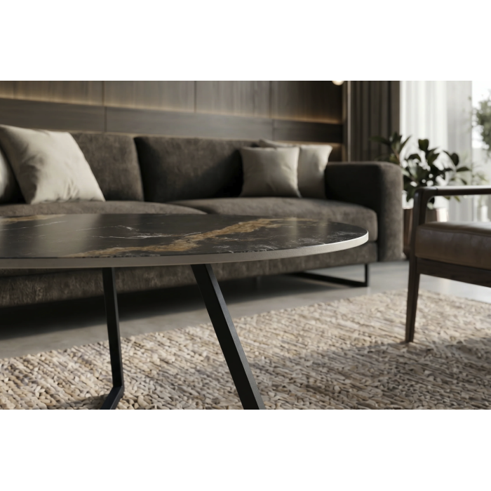 Zoom sur la tranche du plateau de la table basse PETRANO 90cm effet marbre sable et noir