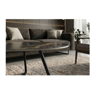 Zoom sur la tranche du plateau de la table basse PETRANO 90cm effet marbre sable et noir