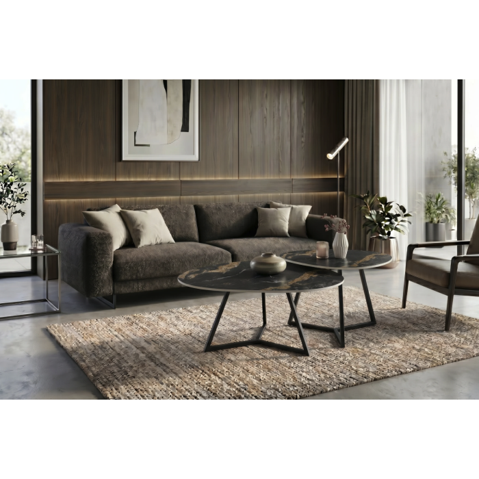 Table basse PETRANO 90cm effet marbre sable et noir vue avec une autre table basse de la même collection