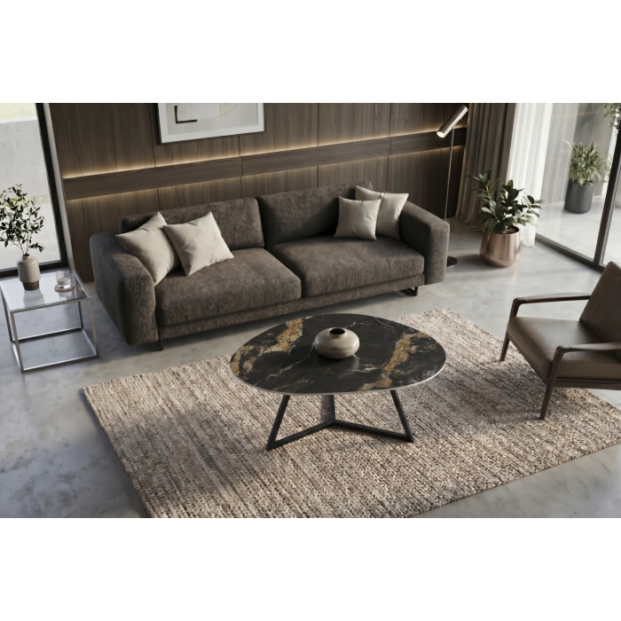 Table basse PETRANO 90cm effet marbre sable et noir vue de haut