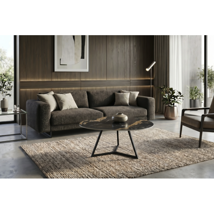 Table basse PETRANO 90cm effet marbre sable et noir vue de face
