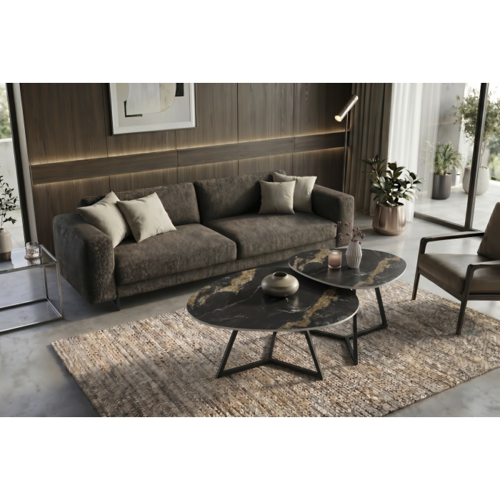Table basse PETRANO 90cm effet marbre sable et noir vue de haut avec une autre table basse de la même collection