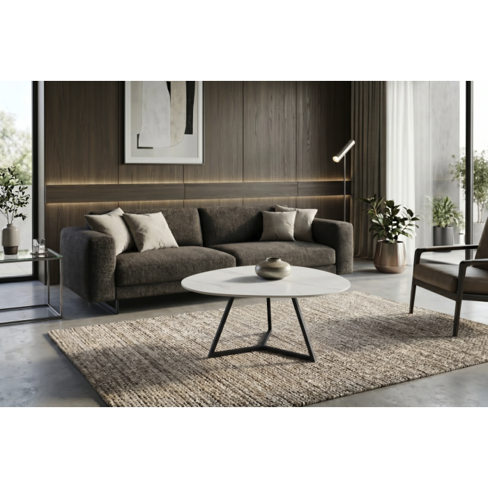Salontafel PETRANO 90 cm in wit marmer effect keramiek en zwart metaal - Organische vorm
