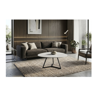 Mesa de centro PETRANO 90 cm en cerámica efecto mármol blanco y metal negro - Forma orgánica