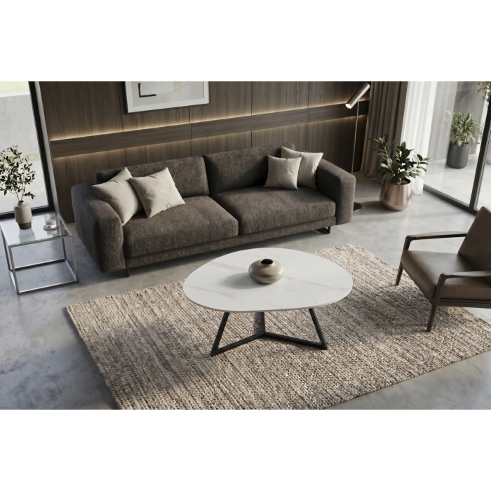 Salontafel PETRANO 90 cm in wit marmer effect keramiek en zwart metaal - Organische vorm