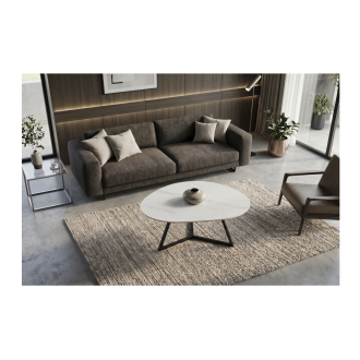 Mesa de centro PETRANO 90 cm en cerámica efecto mármol blanco y metal negro - Forma orgánica