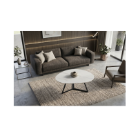 Salontafel PETRANO 90 cm in wit marmer effect keramiek en zwart metaal - Organische vorm