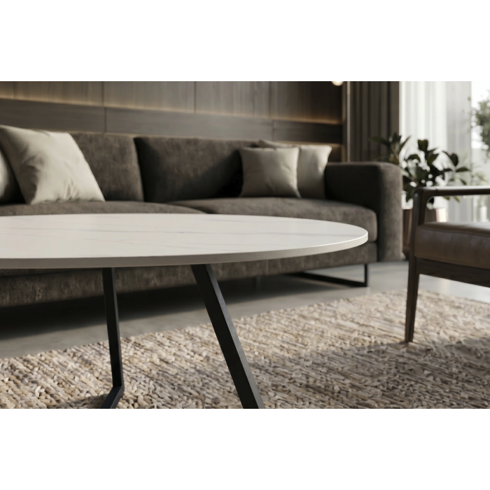 Salontafel PETRANO 90 cm in wit marmer effect keramiek en zwart metaal - Organische vorm