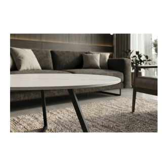 Mesa de centro PETRANO 90 cm en cerámica efecto mármol blanco y metal negro - Forma orgánica