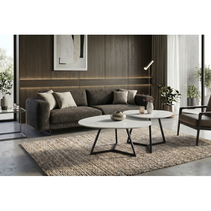 Salontafel PETRANO 90 cm in wit marmer effect keramiek en zwart metaal - Organische vorm