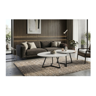 Mesa de centro PETRANO 90 cm en cerámica efecto mármol blanco y metal negro - Forma orgánica