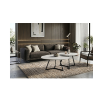 Salontafel PETRANO 90 cm in wit marmer effect keramiek en zwart metaal - Organische vorm