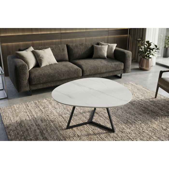 Salontafel PETRANO 90 cm in wit marmer effect keramiek en zwart metaal - Organische vorm