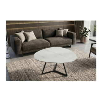 Mesa de centro PETRANO 90 cm en cerámica efecto mármol blanco y metal negro - Forma orgánica