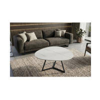 Salontafel PETRANO 90 cm in wit marmer effect keramiek en zwart metaal - Organische vorm